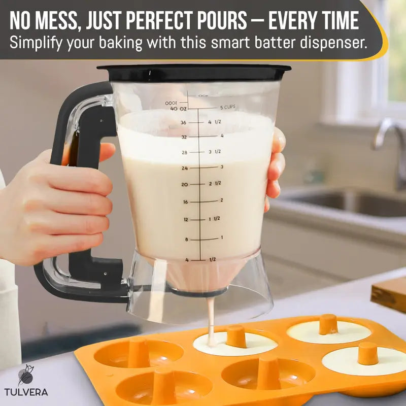 Pancake Batter Dispenser | 5-Cup Mix Pourer for Pancakes, Waffles, Crepes, Muffins, Cupcakes | Squeeze Handle, Portion Control Pitcher, Durable Drip-Free Design | Baking Accessories