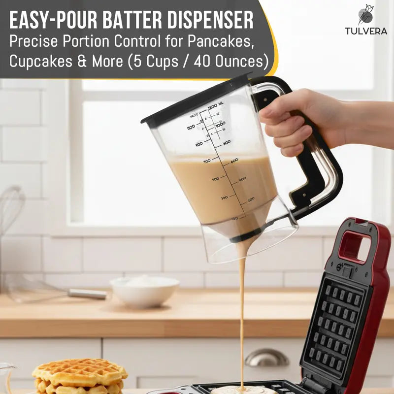 Pancake Batter Dispenser | 5-Cup Mix Pourer for Pancakes, Waffles, Crepes, Muffins, Cupcakes | Squeeze Handle, Portion Control Pitcher, Durable Drip-Free Design | Baking Accessories