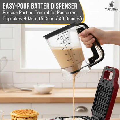 Pancake Batter Dispenser | 5-Cup Mix Pourer for Pancakes, Waffles, Crepes, Muffins, Cupcakes | Squeeze Handle, Portion Control Pitcher, Durable Drip-Free Design | Baking Accessories