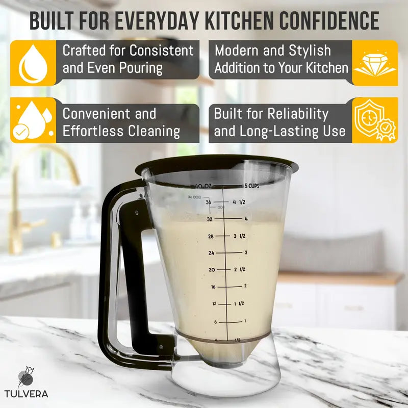 Pancake Batter Dispenser | 5-Cup Mix Pourer for Pancakes, Waffles, Crepes, Muffins, Cupcakes | Squeeze Handle, Portion Control Pitcher, Durable Drip-Free Design | Baking Accessories