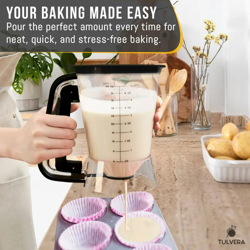 Pancake Batter Dispenser | 5-Cup Mix Pourer for Pancakes, Waffles, Crepes, Muffins, Cupcakes | Squeeze Handle, Portion Control Pitcher, Durable Drip-Free Design | Baking Accessories