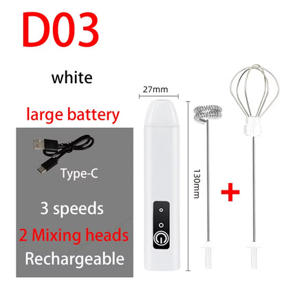 HOT Electric Milk Frother + Egg Beater Wireless Type-C Charging 3 Speeds Mini Handheld Foam Maker Coffee Whisk Cooking Tools